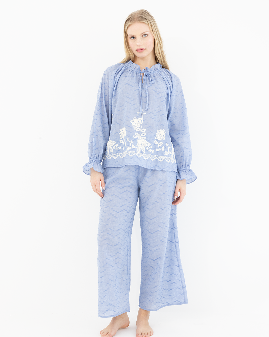 Elara Embroidered Cotton Pyjama Set – Sky Blue 