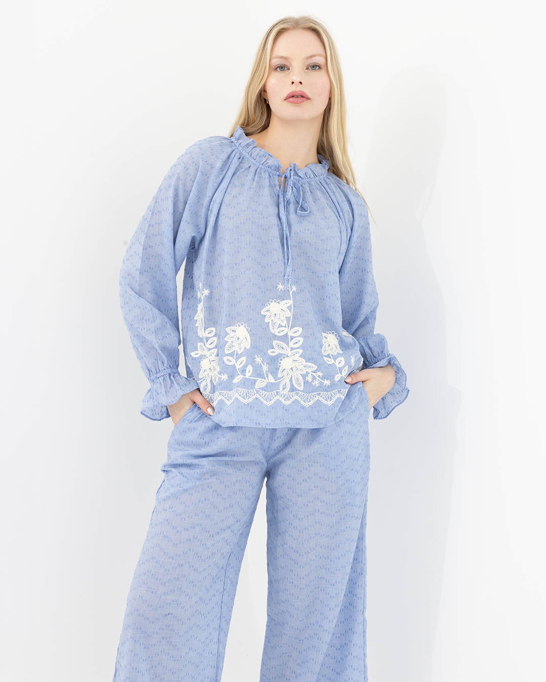 Elara Embroidered Cotton Pyjama Set – Sky Blue 
