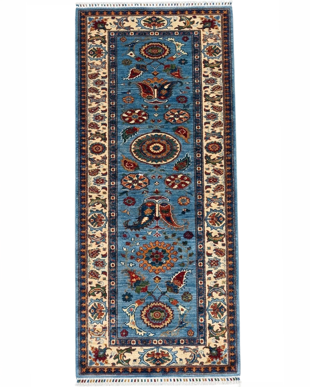Karakul Azure Sky Blue Hand-Knotted Wool Runner Rug - 298cm x84cm