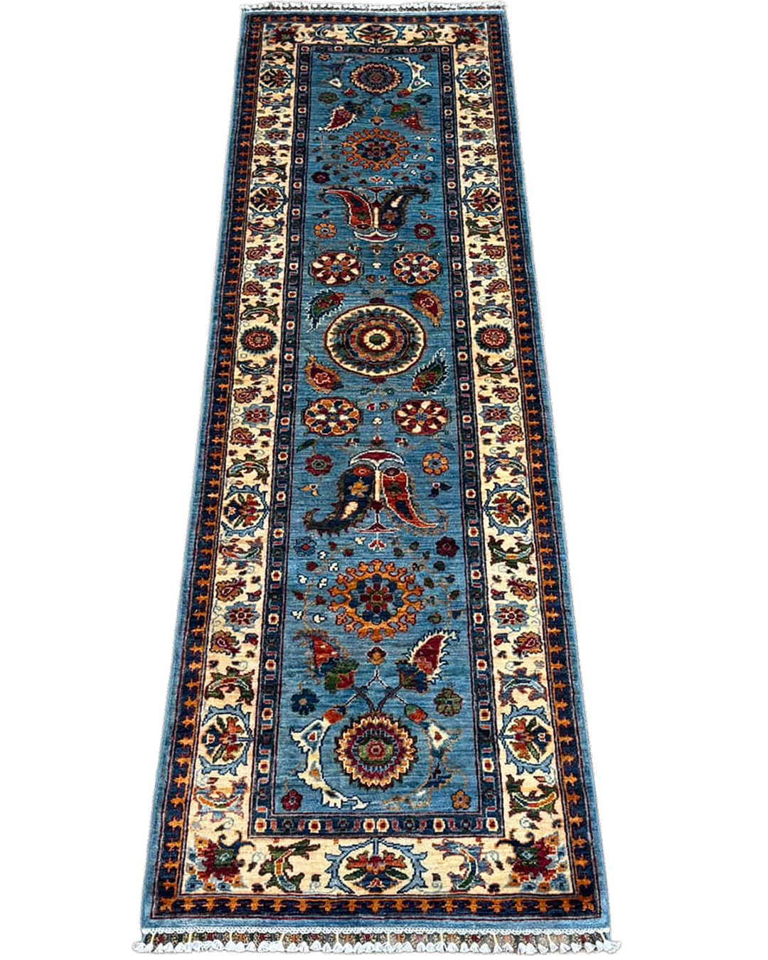 Karakul Azure Sky Blue Hand-Knotted Wool Runner Rug - 298cm x84cm