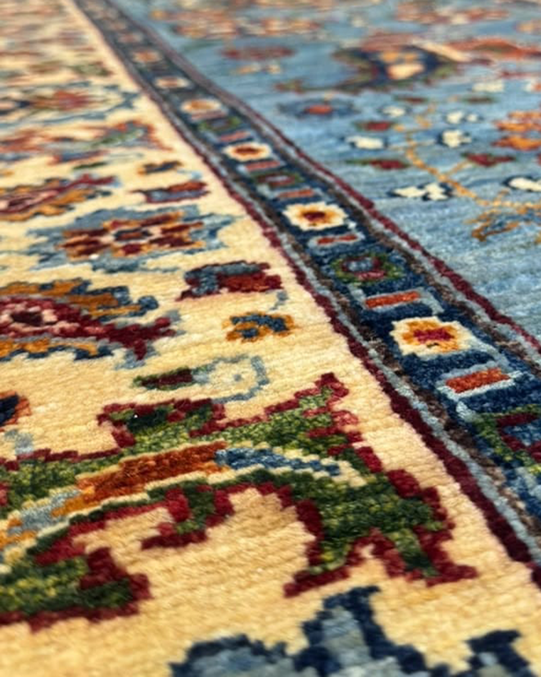 Karakul Azure Sky Blue Hand-Knotted Wool Runner Rug - 298cm x84cm