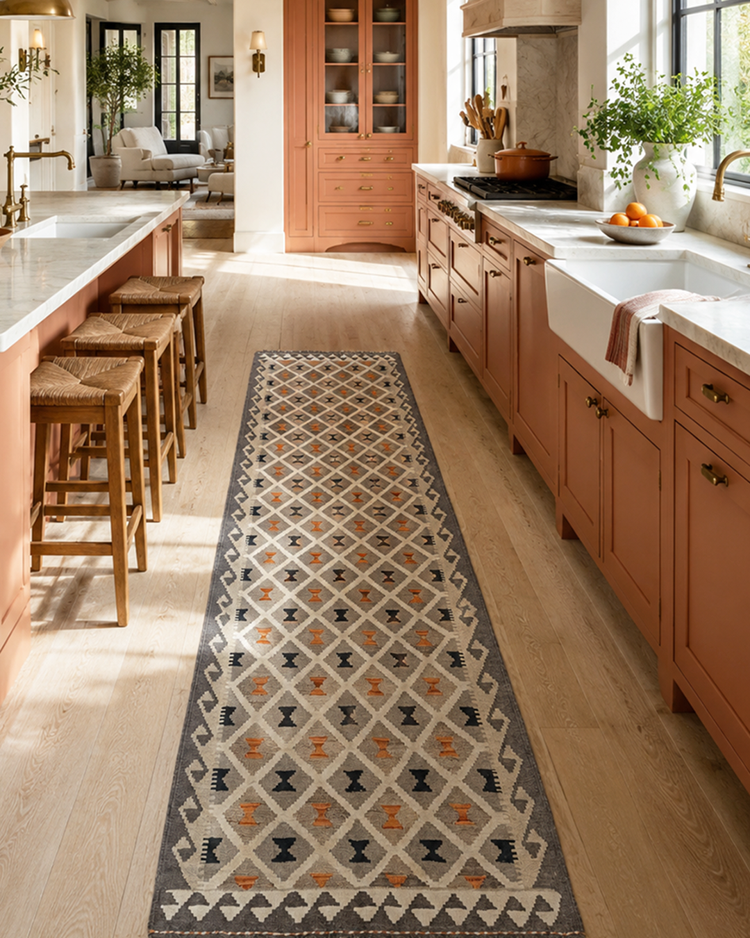Kilim Runner - Natural Grey, Ivory, Charcoal & Terracotta - 84cm × 290cm