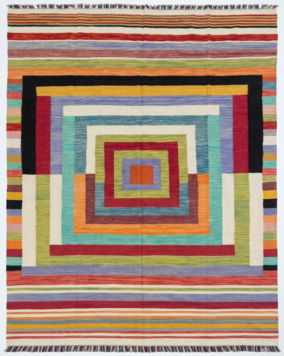 Handwoven Afghan Kilim — Multicolour Geometric Stripe - 298cm x 208cm