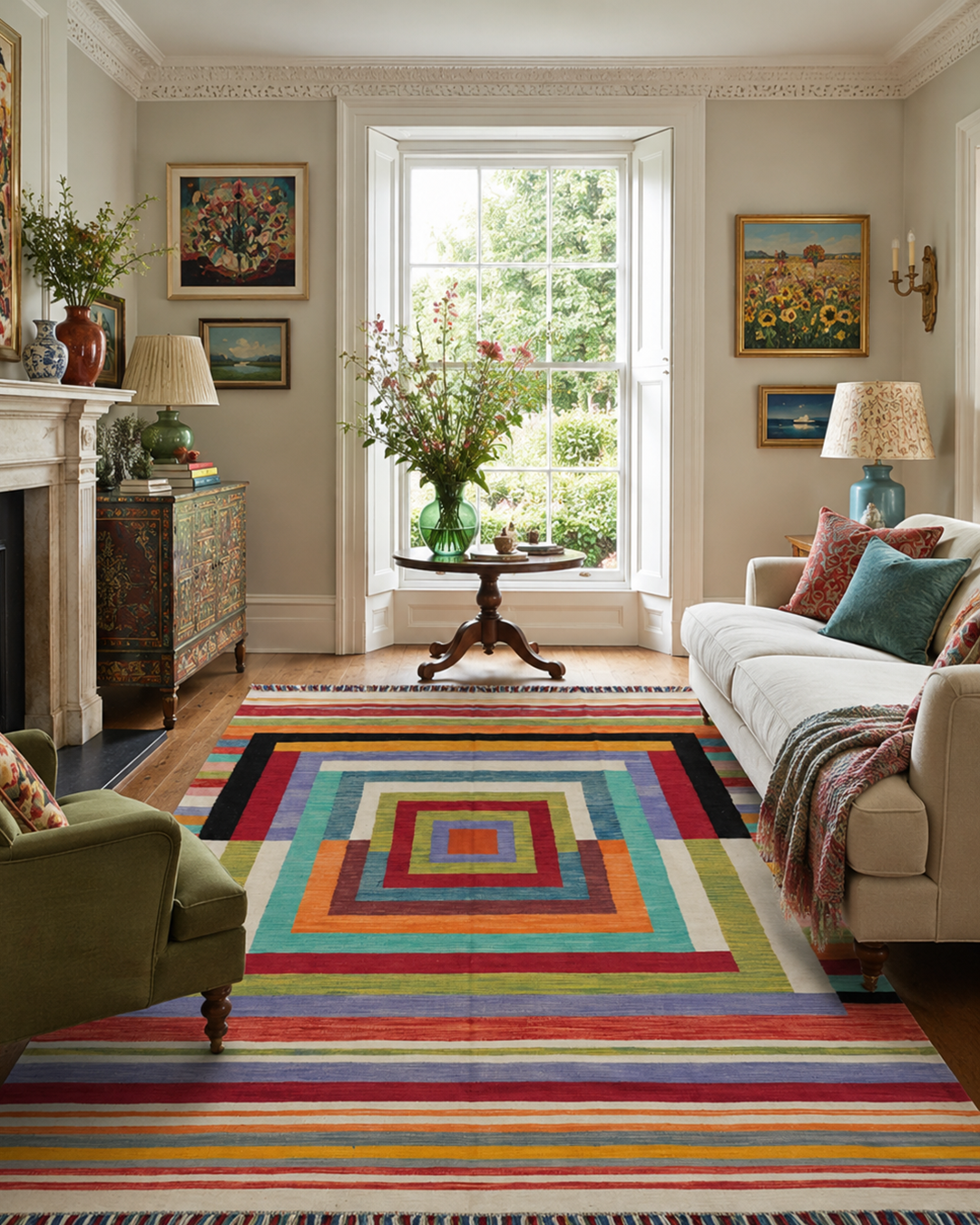 Handwoven Afghan Kilim — Multicolour Geometric Stripe - 298cm x 208cm