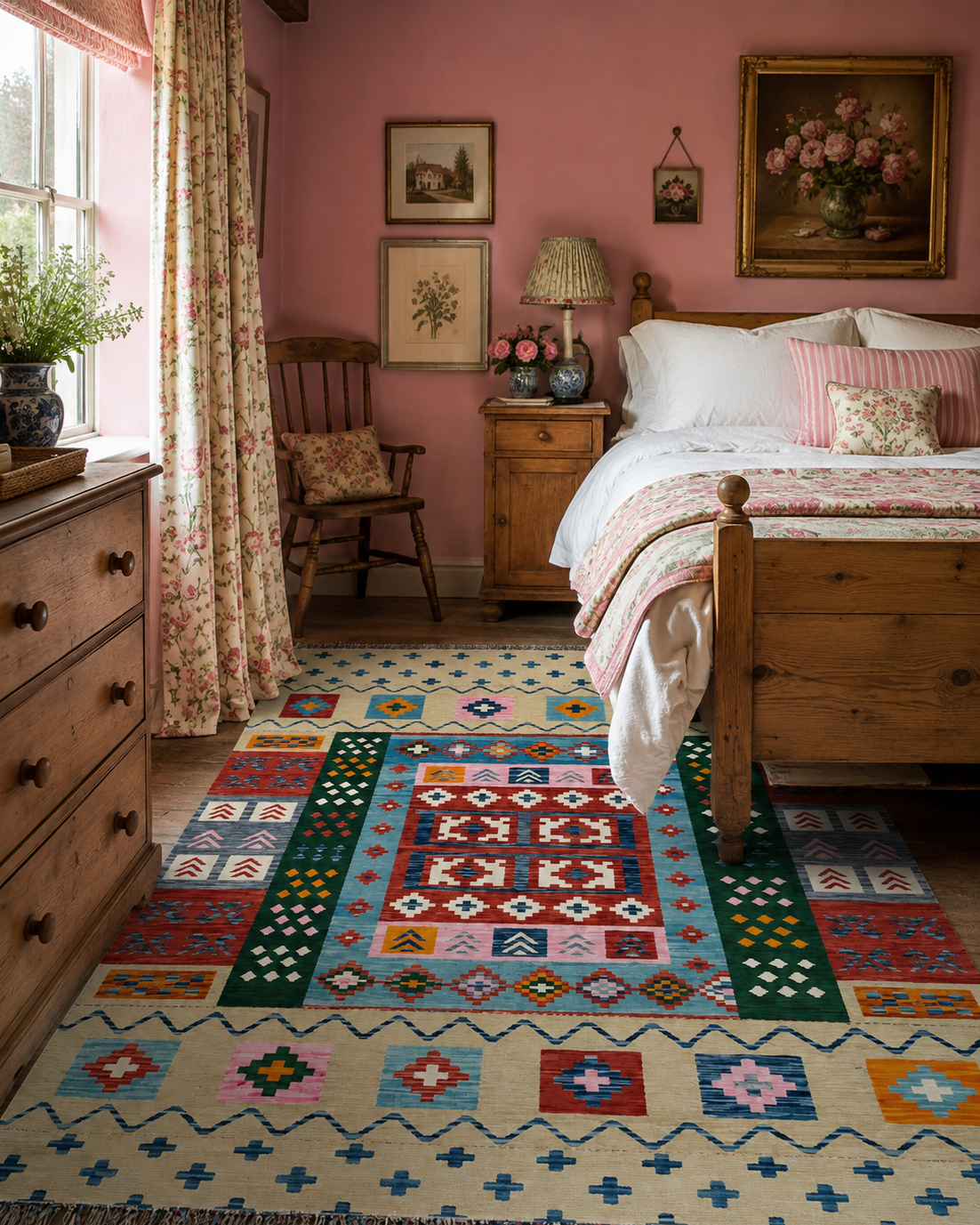 Coral Mosaic Blush Handwoven Kilim - 196cm × 300cm