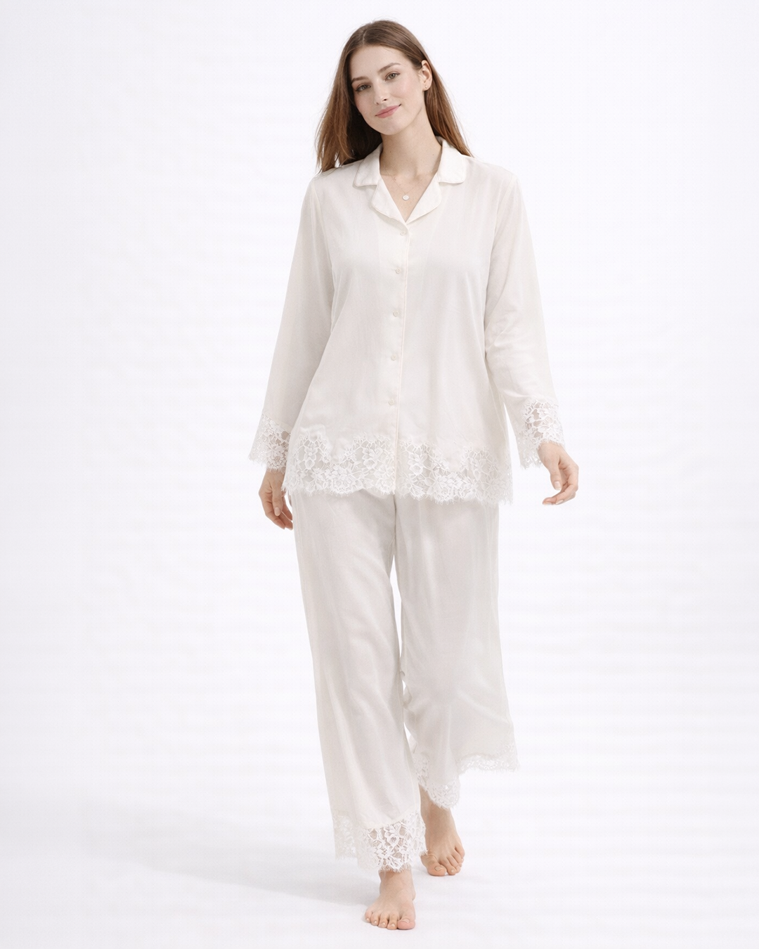 Silky Chiffon Pyjama Set Women – Lace Trim Sleepwear – Jasmin