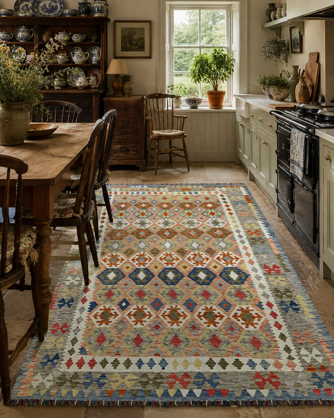 Pale Blue Rose Handwoven Kilim - 202cm × 300cm