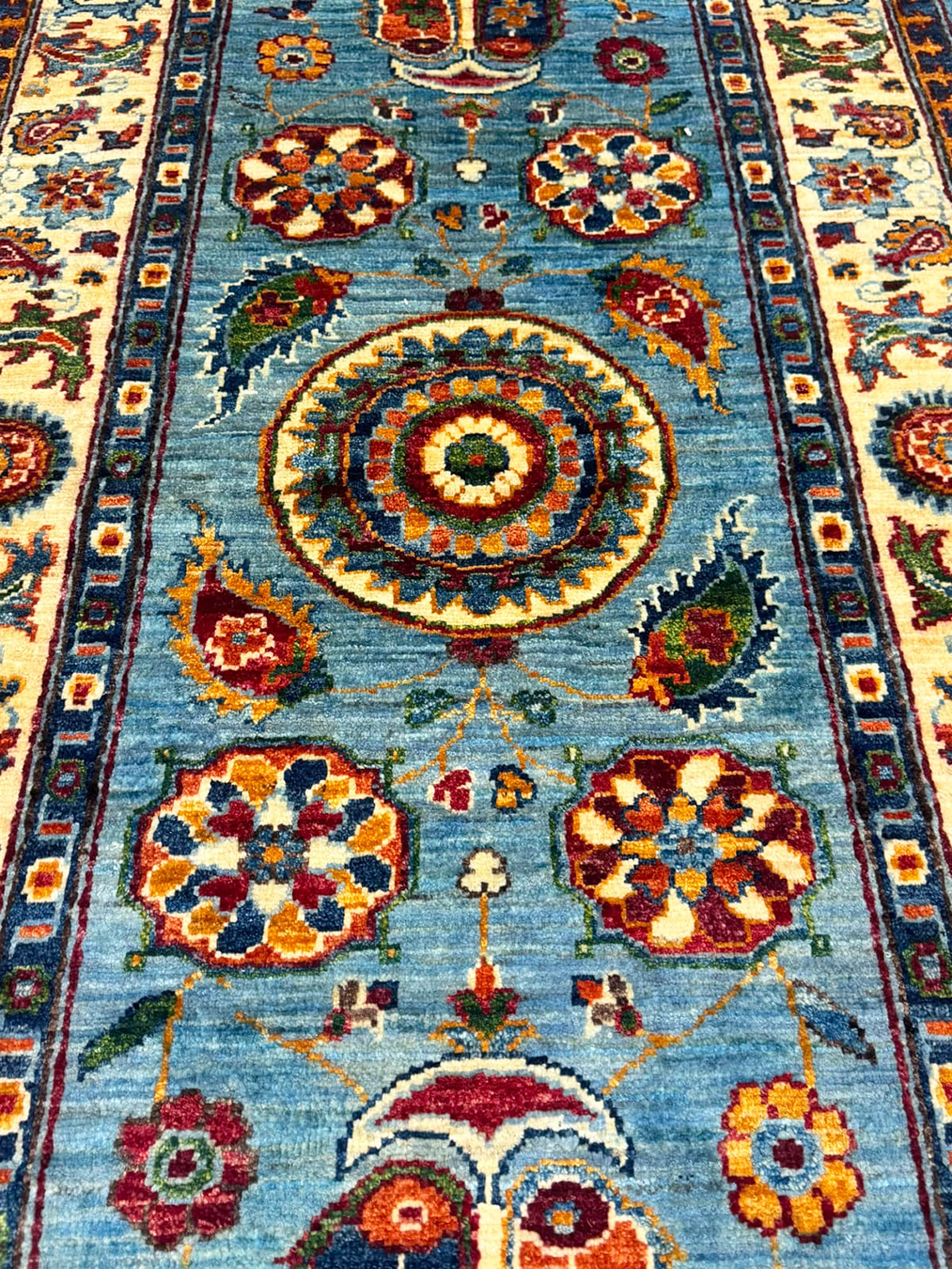 Karakul Azure Sky Blue Hand-Knotted Wool Runner Rug - 298cm x84cm