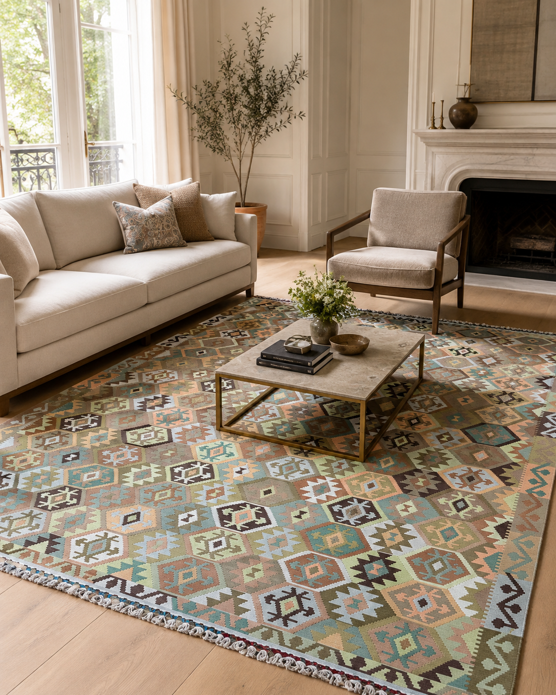 Sage Mosaic Nude Handwoven Kilim - 196cm x 300cm