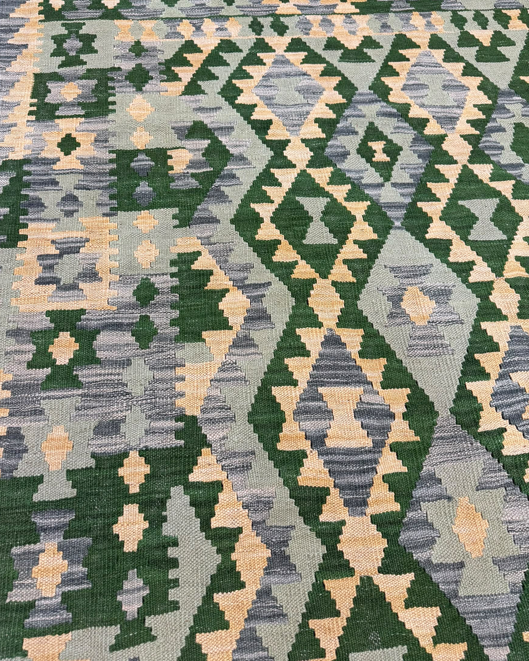 Forest Green Geometry Handwoven Kilim - 185cm × 306cm