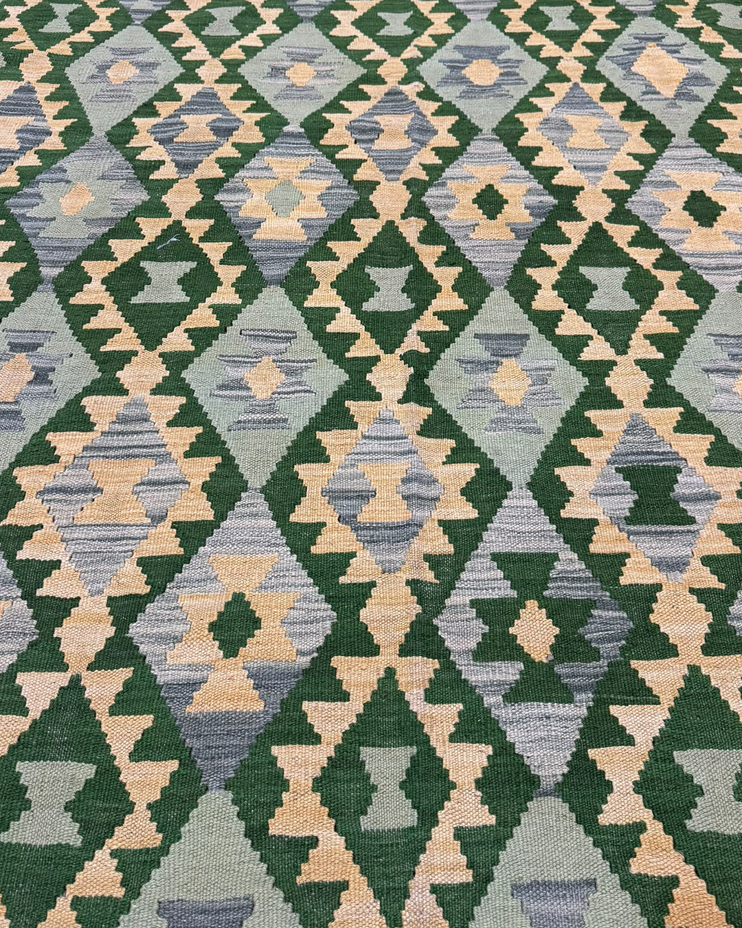 Forest Green Geometry Handwoven Kilim - 185cm × 306cm