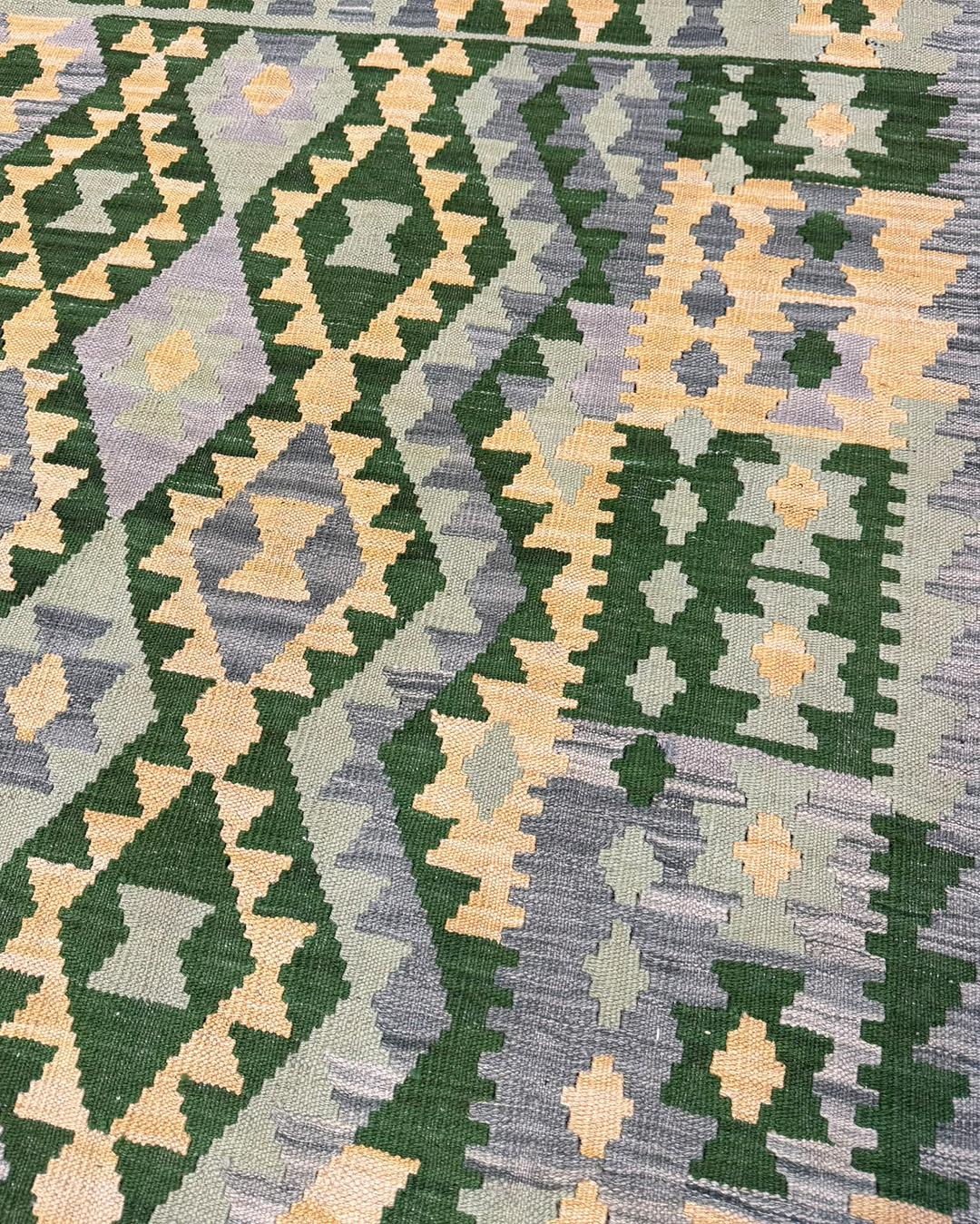 Forest Green Geometry Handwoven Kilim - 185cm × 306cm