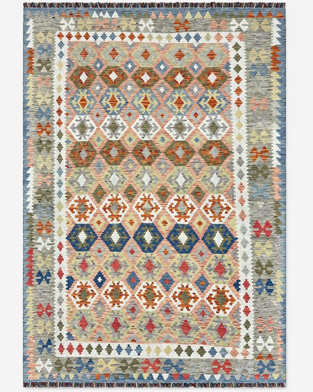 Pale Blue Rose Handwoven Kilim - 202cm × 300cm