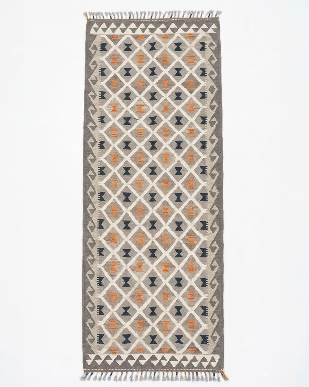Kilim Runner - Natural Grey, Ivory, Charcoal & Terracotta - 84cm × 290cm