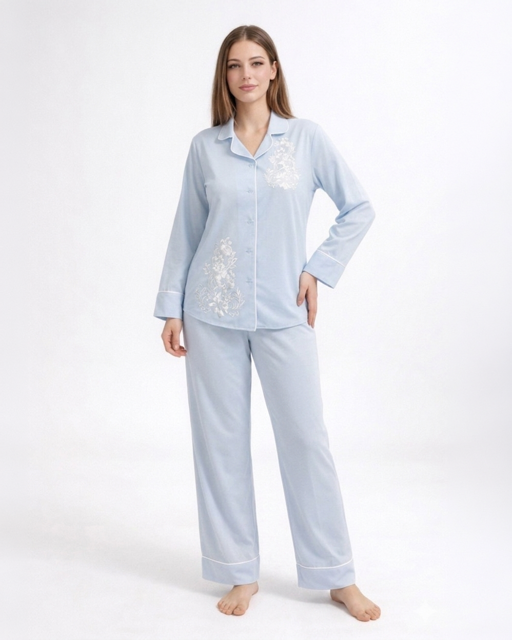 Bamboo Cotton Pyjama Set Women - Embroidered Soft Cotton Sleepwear - Iris